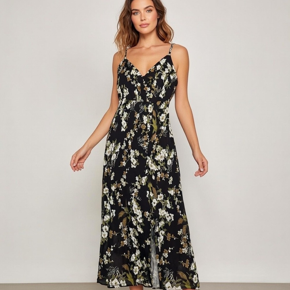 RYEGRASS Dress Womens‎ 2X Black Floral Maxi Faux Wrap Feminine Summer Y2K